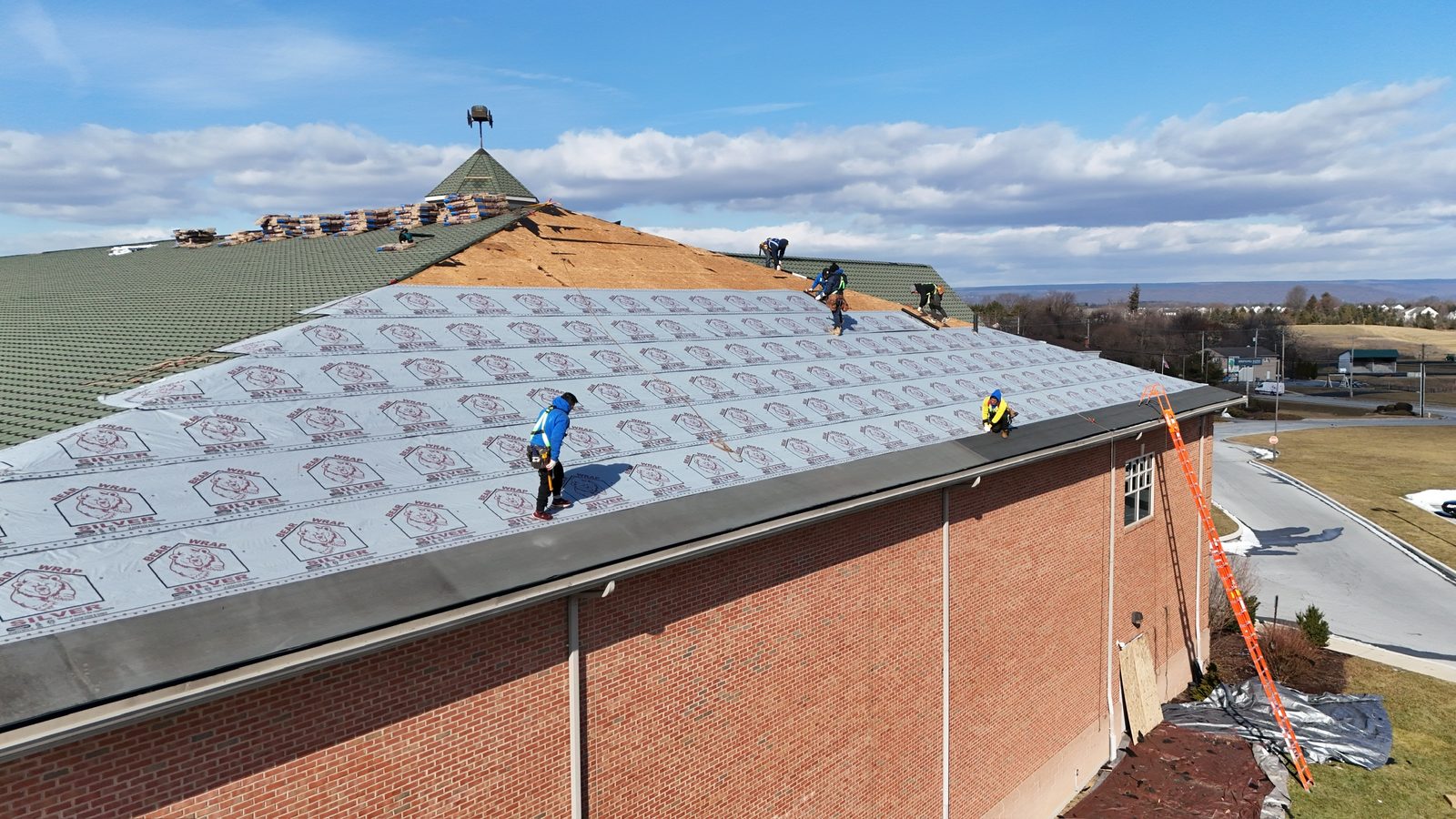 AACA Museum roof replacement, Hershey, PA — Finished roofline, drone view