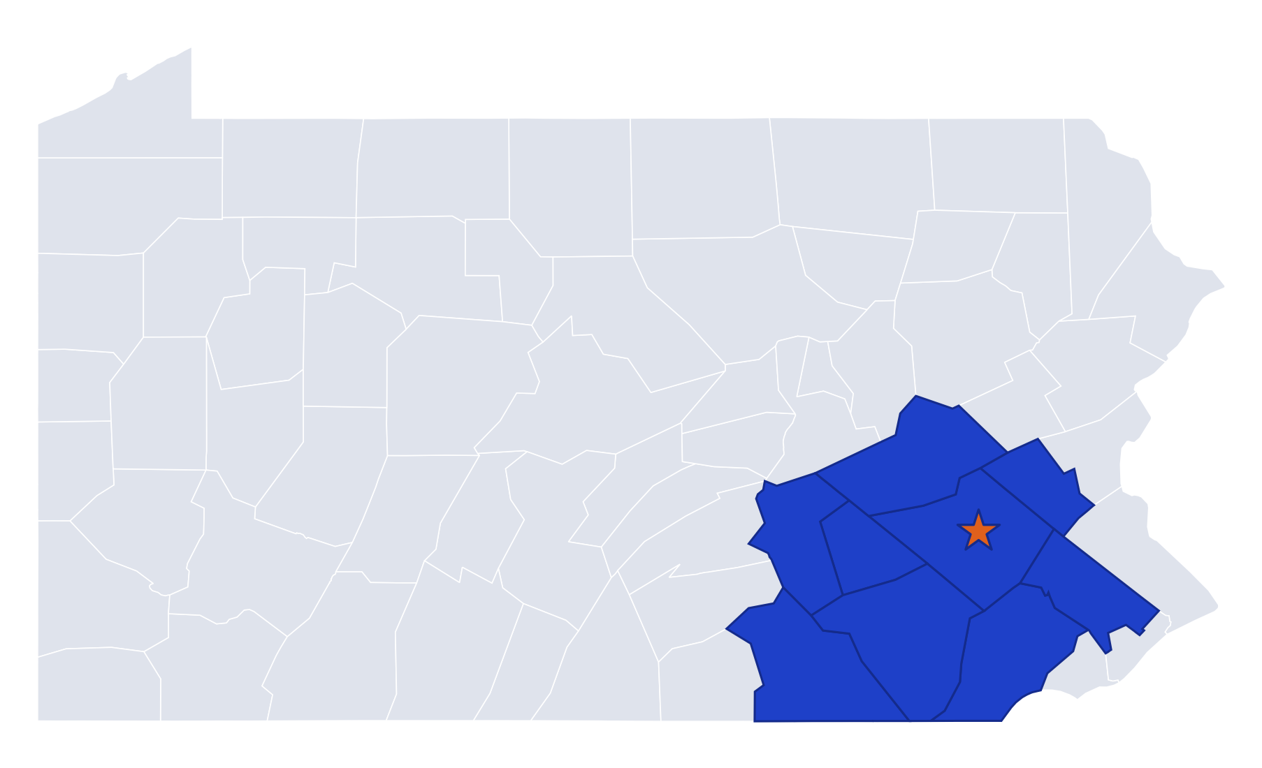 Map of Pennsylvania showing The Helping Company roofing service area across nine counties around Reading, PA