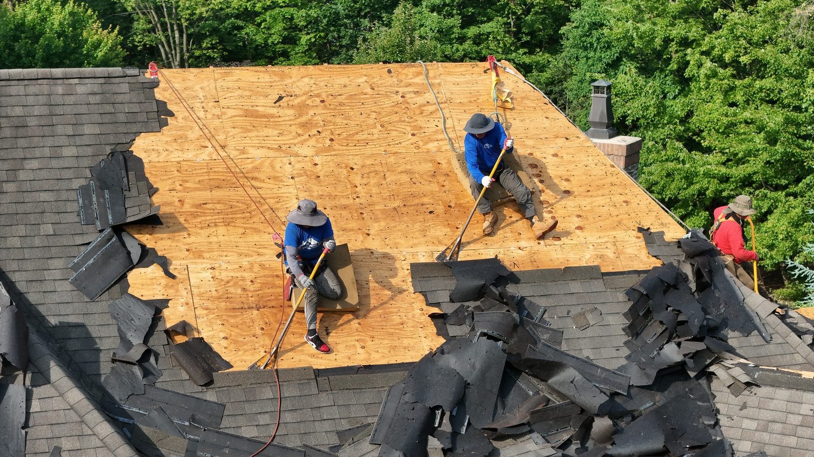 Roof tear-off exposing decking in Lebanon, PA