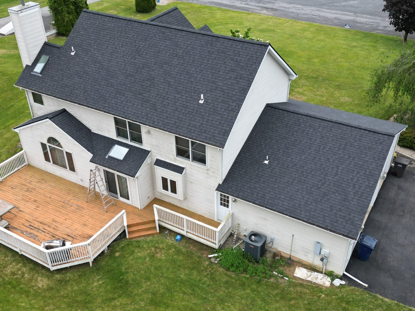 Aerial view of a two-story home with a new roof in Kutztown, PA