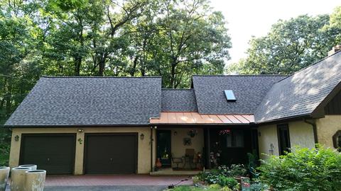 Drone ranch home gray roof aerial — Mohnton, PA