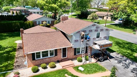 Drone ranch home gray roof fields — Lebanon, PA