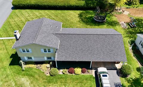 Drone ranch home gray roof view — Lebanon, PA