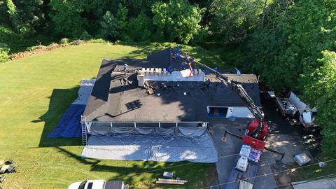 Drone roof tear off crew aerial — Mohnton, PA
