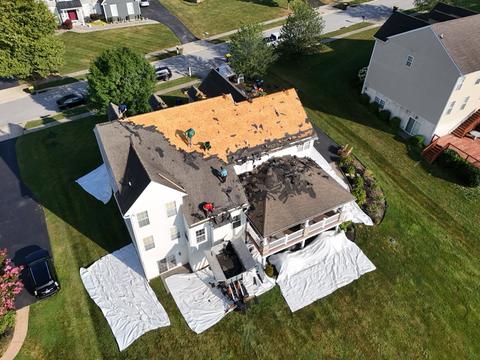 Drone roof tear off in progress — Wyomissing, PA