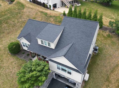 Drone view asphalt roof replacement two story home — Reading, PA
