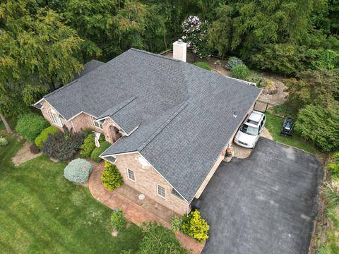 Drone view asphalt shingle roof closeup — Mohnton, PA