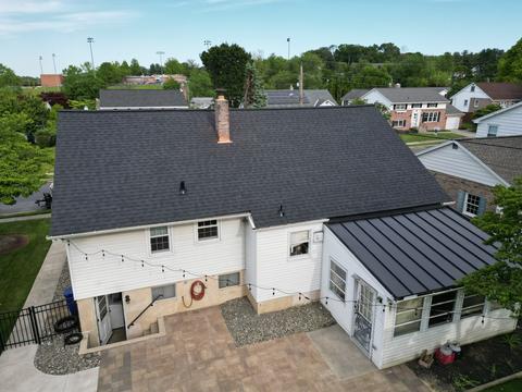 Drone view asphalt shingle roof dormers — Shillington, PA