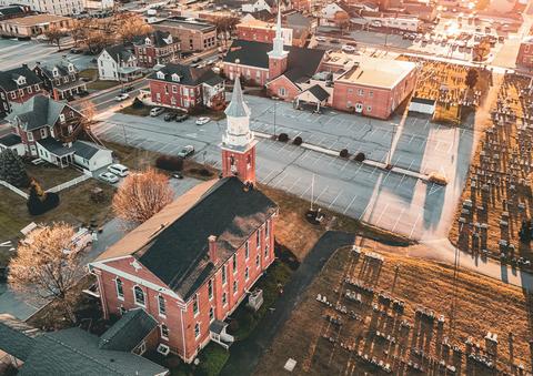 Drone view church roof completed winter — Sinking Spring, PA