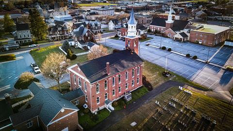 Drone view church roof winter aerial — Wyomissing, PA