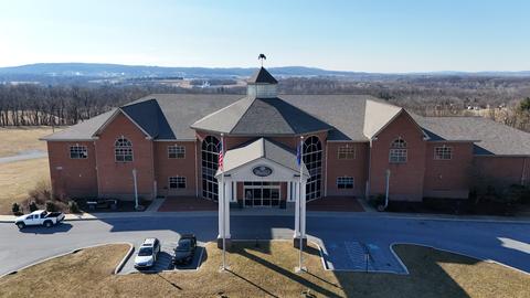 Drone view commercial building roof replacement — Lebanon, PA