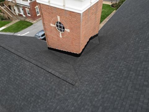 Drone view commercial flat roof detail — New Holland, PA