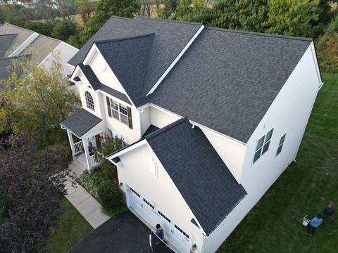 Drone view home gray roof aerial — Pottstown, PA