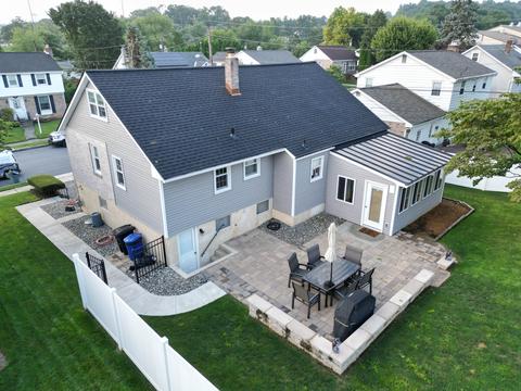 Drone view home gray roof neighborhood — Shillington, PA
