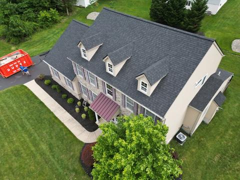 Drone view home new roof crew truck — Phoenixville, PA