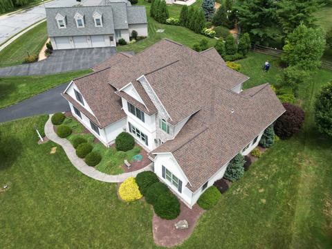 Drone view large home roof replacement — New Holland, PA