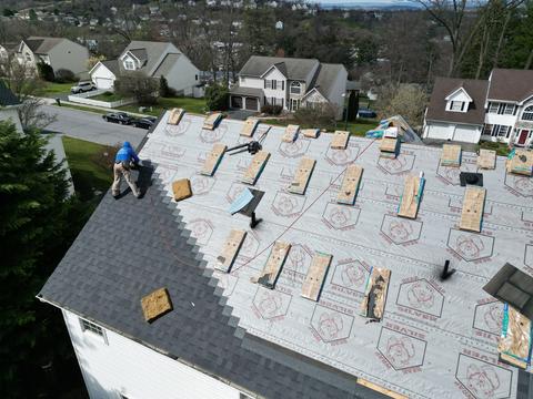 Drone view low slope roof decking replacement — Mohnton, PA