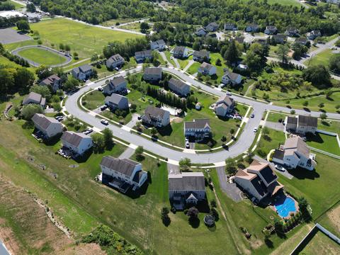 Drone view neighborhood roofs aerial — Lebanon, PA