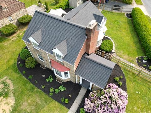 Drone view new roof brick home — Reading, PA