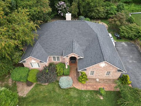 Drone view ranch home roof countryside — Mohnton, PA