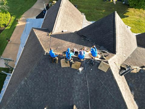 Drone view roof replacement crew tear off — Lebanon, PA