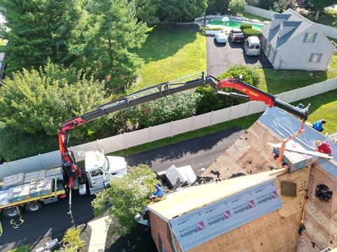 Drone view roof replacement lift truck — New Holland, PA