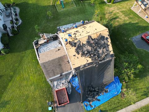 Drone view roof tear off blue tarp crew — Lebanon, PA