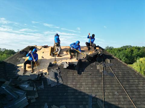 Drone view roof tear off crew materials — Lebanon, PA