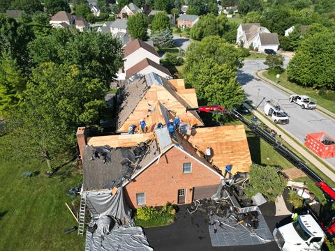 Drone view roof tear off crew — New Holland, PA