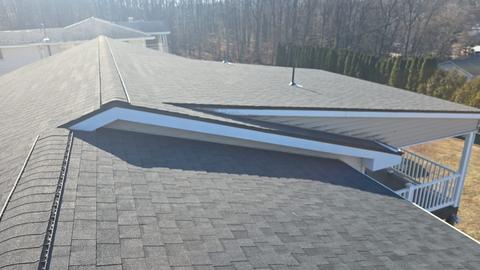 Drone view shingle roof hip detail — Lebanon, PA