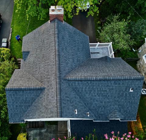 Drone view shingle roof ridge detail — Phoenixville, PA