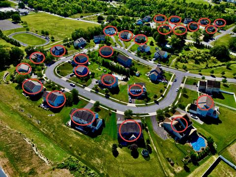 Drone view subdivision roofs autumn — Mohnton, PA