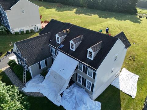 Drone white home black roof replacement — Mohnton, PA