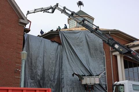 Roof tarp containment crane brick home — Wyomissing, PA