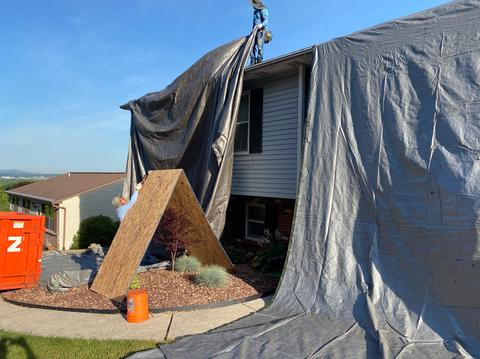 Roof tarp storm damage board up — Reading, PA
