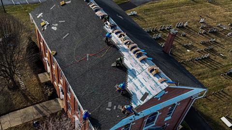 Shingle roof chimney winter detail — Sinking Spring, PA